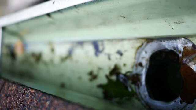 Water and Leaf Matter Flowing into Gutter Downspout