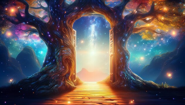 Magical Open Doorway To A Starry Dreamscape Under An Ancient Tree