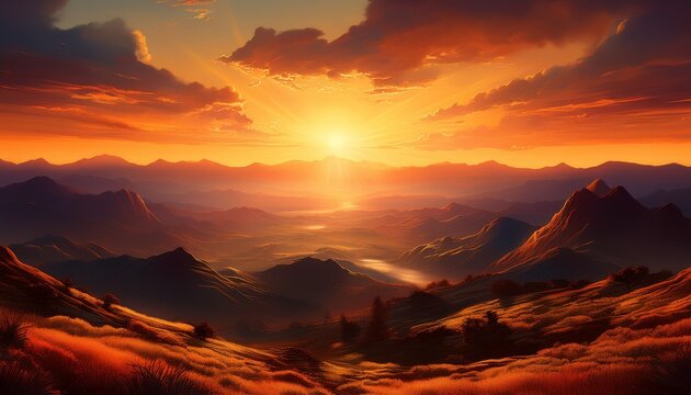 Glowing Sun Crests Distant Hills Casting Warm Orange Rays Across Sky