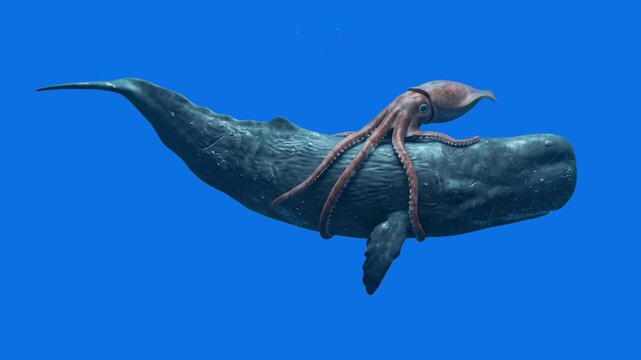 A detailed 3D visualization of a giant squid clutching a sperm whale in mid-water, set against a vibrant deep blue aquatic background. Perfect for marine life documentaries, underwater fantasy scenes,