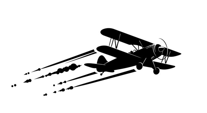Black Silhouette of a Vintage Biplane Flying with Spraying Trails
