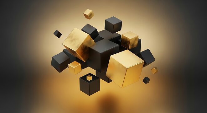 Abstract composition of floating black and gold cubes. 3D render of geometric shapes.