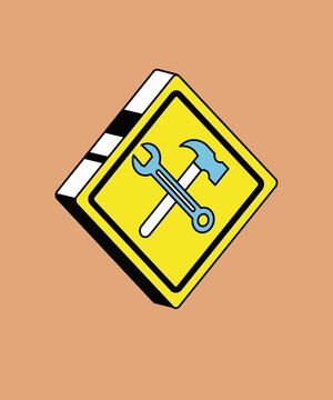 A looping 2D animation featuring an under construction warning sign with crossed wrench and hammer icons in a clean flat vector style.