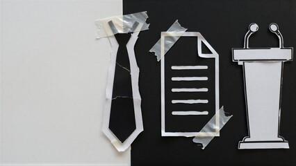 Obraz premium Tie, document, and podium cutouts taped to split black-white background.