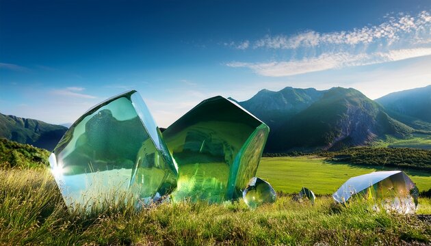 Beautiful Nature Landscape With Glass Field And Mountains