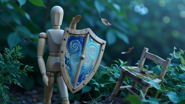 Wooden figure holds shield in misty forest, leaves drift near empty chair.