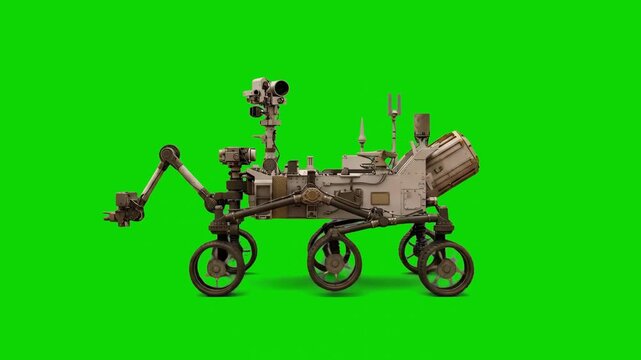 Animated 3D robotic rover vehicle exploring space terrain, isolated on a chroma key green screen background for video editing and VFX composition.