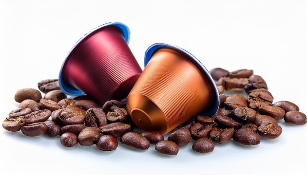 Coffee Capsules And Aromatic Coffee Beans Isolated On White