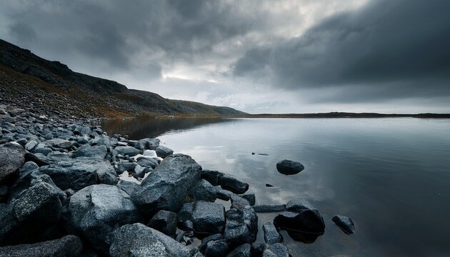 Rocky Shoreline With Dark Basalt Stones Along A Calm Lake Under Cloudy Sky