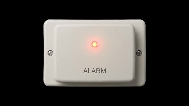 High-contrast 3D render of a white wall security alarm unit with a red warning LED indicator, isolated against a solid pitch-black background. Ideal for thriller film VFX, dark cinematic video overlay