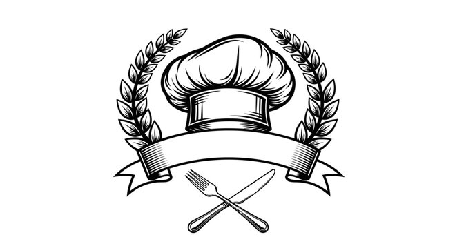 Chef Hat Emblem with Crossed Cutlery and Laurel Wreath Banner