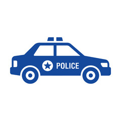 Isolated blue police car silhouette, law enforcement vehicle, patrol car icon with star emblem, justice and security symbol © akun