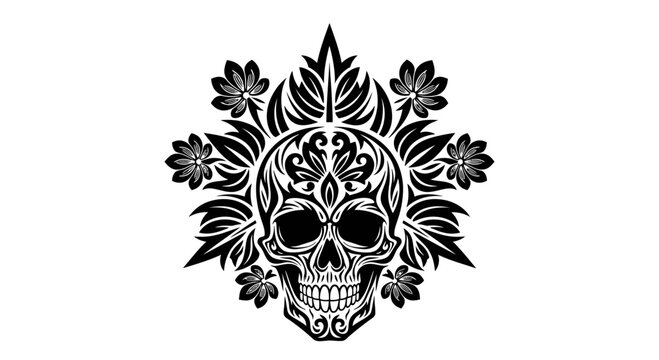 Black and White Ornamental Skull with Floral Motifs