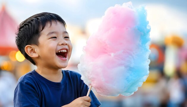 Happy Young Boy Laughing With Big Cotton Candy At Carnival  