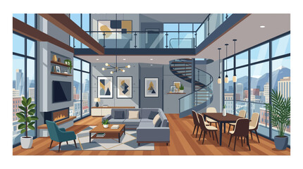Modern loft apartment interior with city view, living room, dining area, spiral staircase © Jalan