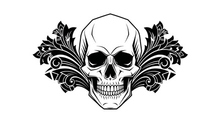 Fototapeta premium Black and White Skull with Ornamental Floral Flourish