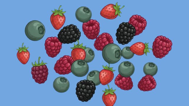 A vibrant motion graphics pattern of falling fresh mixed berries including strawberries, blueberries, raspberries, and blackberries, set against a light blue studio backdrop. Ideal for fruit juice com