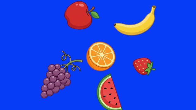 Cheerful 2D vector illustration of a colorful fruit pattern with apple, banana, orange slice, grapes, strawberry, and watermelon, set against a vivid bright blue background. Excellent for fruit drink 