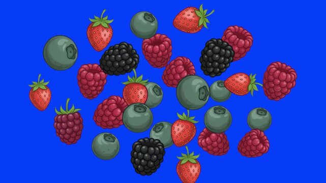 Vibrant 2D cartoon illustration of a rich berries pattern featuring ripe strawberries, raspberries, blackberries, and blueberries, set against a solid blue background. Great for berry jam labels, dess