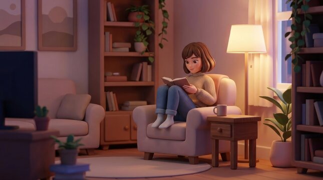 3D cartoon girl reading a book in a cozy room.