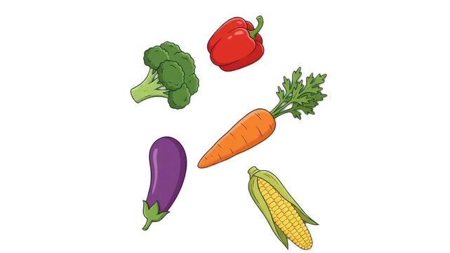 A colorful 3D set of healthy fresh vegetables including carrot, broccoli, bell pepper, eggplant, and corn on a plain white background. Ideal for culinary videos, nutrition presentations, and food mark