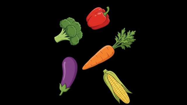 A vibrant 2D flat illustration animation featuring assorted fresh vegetables drifting across a black background. Ideal for modern food blogs, recipe videos, and health-centric digital marketing conten