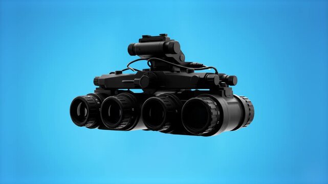 A 3D render of four-lens tactical night vision goggles against a clean blue studio background. Suited for military equipment showcases, defense technology videos, and security presentations.