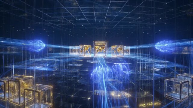 Glowing golden world maps encased in glass cubes with streaming blue light energy motion in this futuristic digital video animation