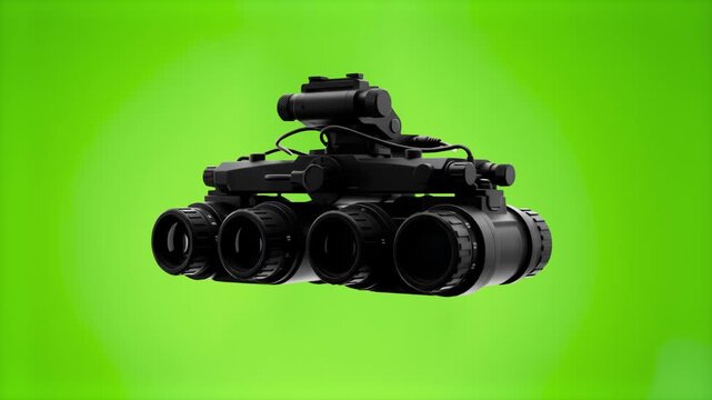 A detailed 3D render of tactical quad-lens night vision goggles (GPNVG-18) against a bright green screen background. Ideal for military video games, action movie VFX, and tactical gear promos.