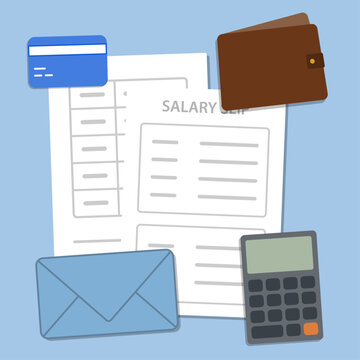 First paycheck allocation illustration. Salary payment slip, wallet, budget worksheet, calculator, savings envelope and bank card. First income budgeting concept.