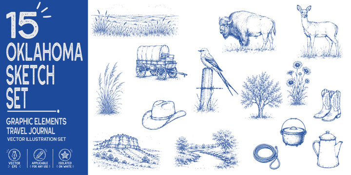 Oklahoma travel journal collection. Hand drawn Sooner State heritage elements. American bison, chuckwagon, eastern redbud, tallgrass prairie, cowboy boots. Trendy sketch vector set