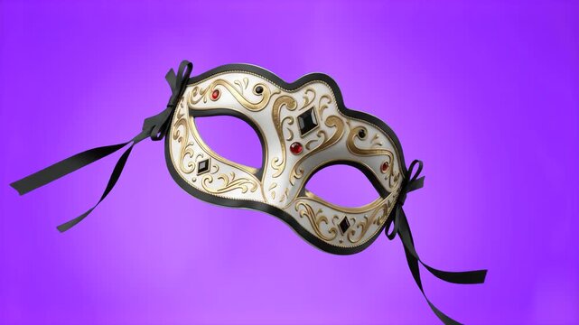 An elegant Venetian masquerade eye mask adorned with ornate gold filigree patterns and red gem accents, floating against a smooth purple backdrop. Perfect for Mardi Gras promos, theatrical events, lux