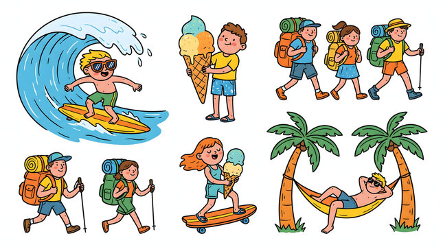 Happy children surfing hiking and relaxing under palm trees during summer vacation activity set