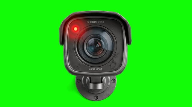 A modern black surveillance security camera looking directly forward with a blinking red recording light, isolated on a chroma key green screen background.