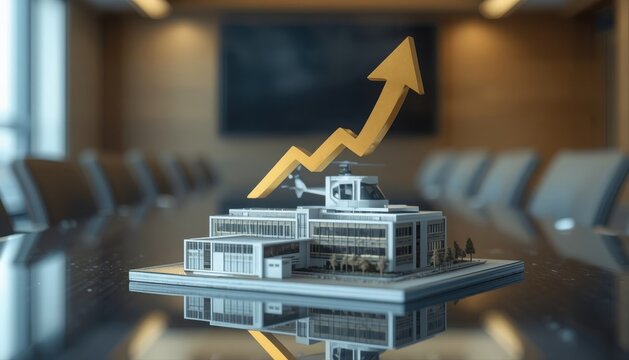 Small scale architectural model of office building with upward golden growth arrow architecture building business investment development corporate miniature performance marketing strategy