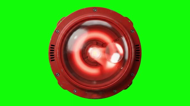 A detailed 3D model of a round red industrial emergency beacon siren flashing bright light, isolated on a chroma key green screen background. Ideal for industrial safety videos, emergency alarm sequen