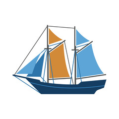 Old sailing ship with three masts and orange and blue sails, simple flat illustration © Muhamad
