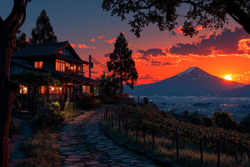 Obraz premium Japanese countryside vineyard, golden hour, warm orange sky, cinematic anime background, nostalgic countryside, detailed environment.