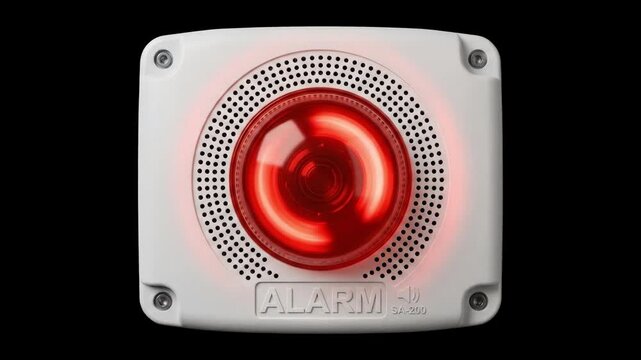A close-up 3D render of a white security system siren with a glowing, flashing red warning light. Ideal for emergency broadcasts, system alert notifications, security service ads, and sci-fi UI elemen
