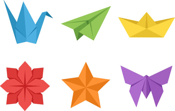 Colorful Origami Icons Set with Crane Airplane Boat Star Flower and Butterfly