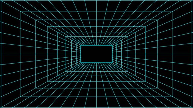 Neon Blue Retro Wireframe Tunnel Black Background - Animated Cyber Grid Corridor Loop