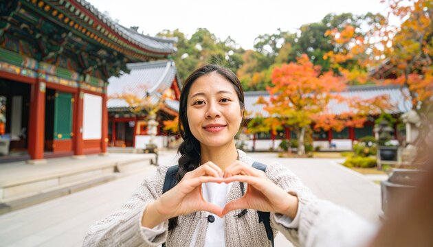 Young woman making Korean finger heart. Happy tourist posing at traditional temple site.