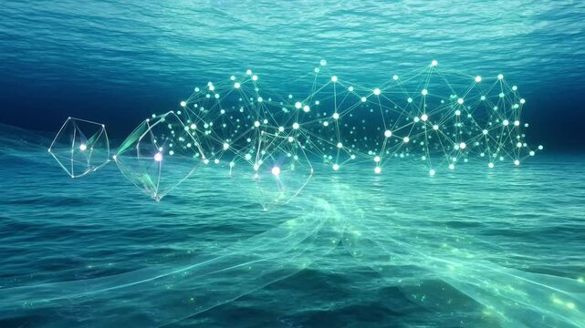 Glowing geometric shapes and connected data networks drift through deep blue ocean water in this mesmerizing abstract motion video footage