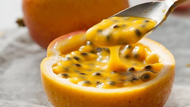 Close-up of a halved passion fruit with a spoon scooping out the juicy pulp and seeds