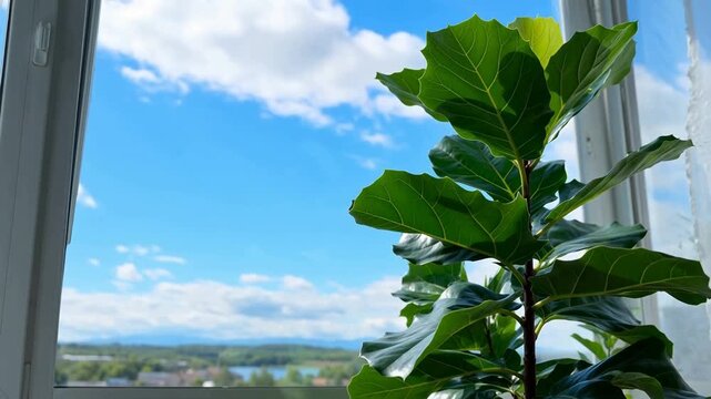 Fiddle leaf fig plant by a window with a scenic outdoor view of blue sky and distant landscape