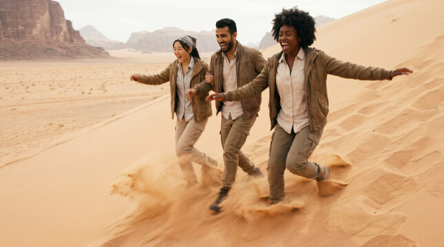 Multicultural friends running down steep sand dune with flying sand in desert on adventure trip