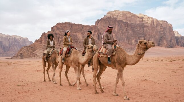 Multiracial travelers riding camels with local guide across red desert below rocky mountains