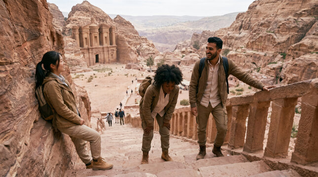 Multiracial friends resting on stone steps above ancient monastery in vast desert canyon valley