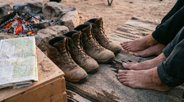 Worn hiking boots and folded map drying by campfire with bare feet at desert camp at dusk