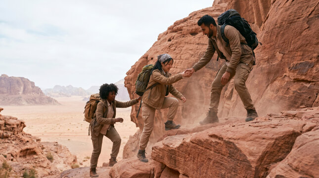 Multicultural friends helping each other scramble up red rock cliff in desert on adventure hike